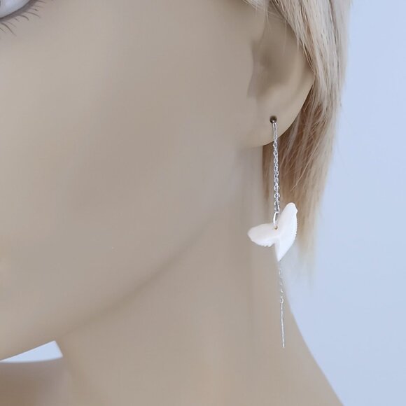 Tiger SHARKS TEETH Ear Threads Threader Earrings Silver Pair Shark Tooth 4.5" Ad - Picture 2 of 6